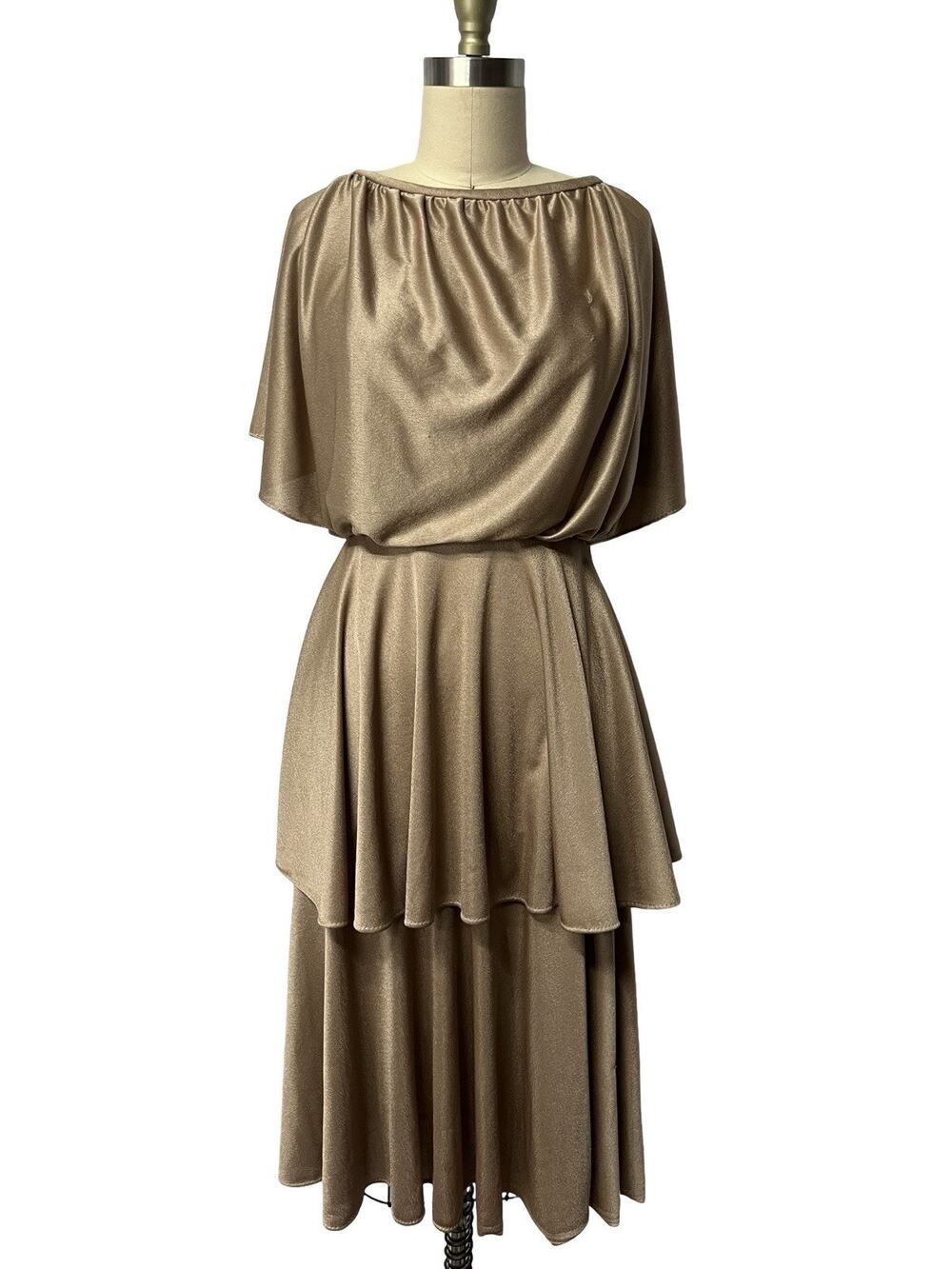 Vintage 1970'S Gold Glam Tiered Polyester Flounce Ruffle Party Dress SZ Small